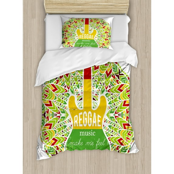 Rasta Duvet Cover Set, Reggae Music Makes Me Feel Words Jamaican Island Cultureic Guitar, Decorative 2 Piece Bedding Set with 1 Pillow Shams, Twin Size, Green Yellow and Red, by Ambesonne