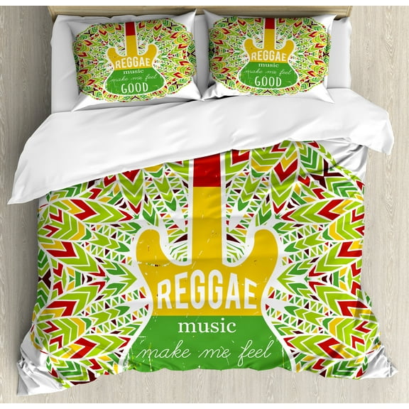 Rasta Duvet Cover Set, Reggae Music Makes Me Feel Words Jamaican Island Cultureic Guitar, Decorative 3 Piece Bedding Set with 2 Pillow Shams, King Size, Green Yellow and Red, by Ambesonne