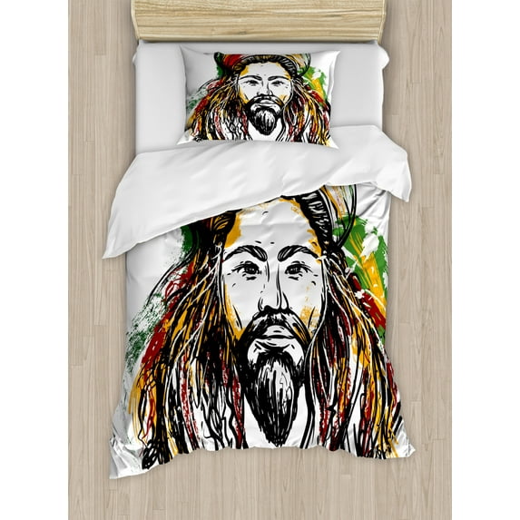 Rasta Duvet Cover Set Twin Size, Rasta Man Jamaican Island Theme Reggae Folk Culture Concept Sketchy Portrait Image, Decorative 2 Piece Bedding Set with 1 Pillow Sham, Multicolor, by Ambesonne