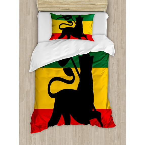Rasta Duvet Cover Set Twin Size, Rastafarian Flag with Judah Lion Reggae Music Inspired Design Image, Decorative 2 Piece Bedding Set with 1 Pillow Sham, Black Red Green and Yellow, by Ambesonne