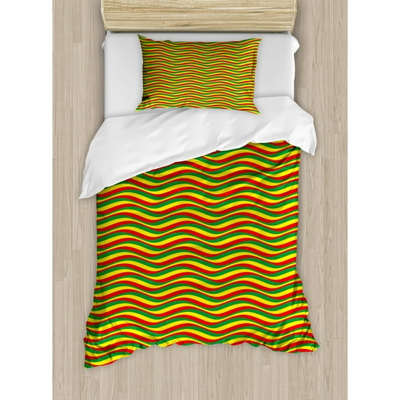 Rasta Duvet Cover Set, Vivid Colors Ethiopian Flag Colors in Wavy Style Stripes Image, Decorative 2 Piece Bedding Set with 1 Pillow Shams, Twin Size, Marigold Green and Red, by Ambesonne