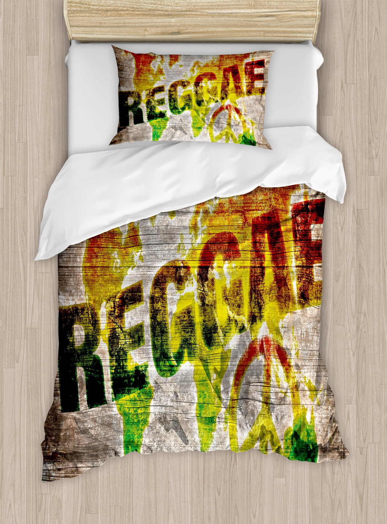 Rasta Duvet Cover Set, World Map on Plaques Reggae Lettering and Peace ...