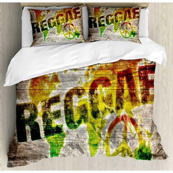 Rasta Duvet Cover Set, World Map on Plaques Reggae Lettering and Peace, Decorative 3 Piece Bedding Set with 2 Pillow Shams, Queen Size, Pale Brown Orange, by Ambesonne