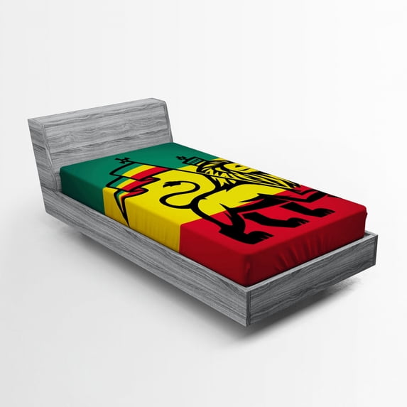 Rasta Fitted Sheet, Judah Lion a Rastafari Flag Jungle Reggae Theme Art Vivid Colorful Print, Soft Decorative Fabric Bedding, Twin Size, Yellow Black, by Ambesonne