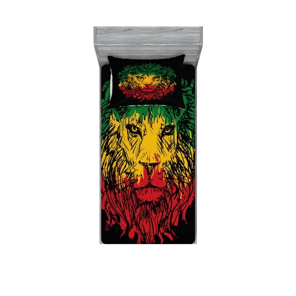 Rasta Fitted Sheet & Pillow Sham Set, Ethiopian Flag Colors on Grunge Sketchy Lion Head Black Backdrop, Decorative Printed 4 Piece Bedding Decor Set, Twin, Pale Green and Yellow, by Ambesonne