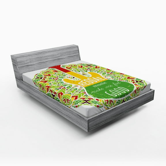 Ambesonne Rasta Fitted Sheet, Reggae Music Guitar, Full Size, Green Yellow and Red