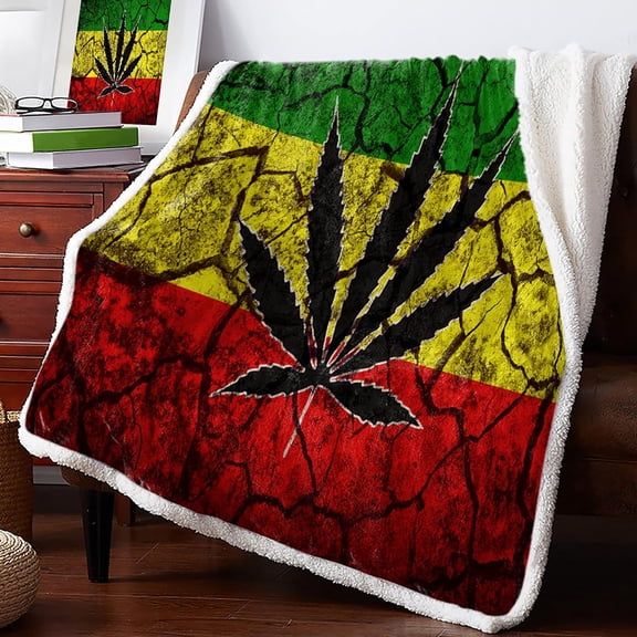 Rasta Flag Pattern Sherpa Flannel Throw Blankets Thick Reversible Plush Fleece Blanket for Bed Couch Sofa Decor Leaf on Crack Soil Texture,Ultra Soft Comfy Warm Fuzzy TV Blanket 60x80Inch