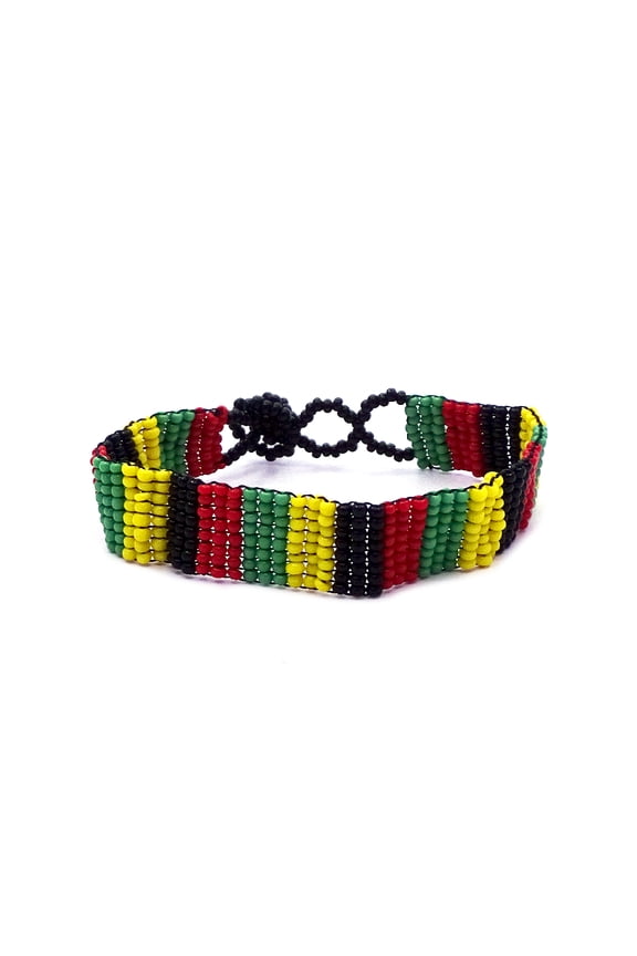 Rasta Geometric Pattern Guatemalan Czech Glass Seed Beaded Thin Strap Bracelet - Womens Fashion Handmade Jewelry Boho Accessories