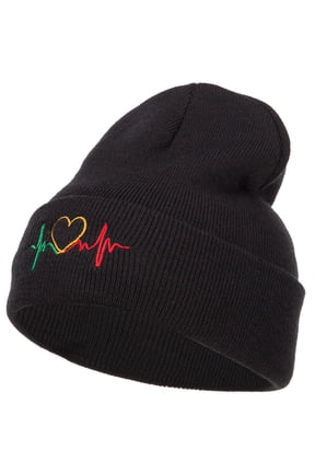 Rasta Heart Beat Embroidered Long Beanie - Black OSFM