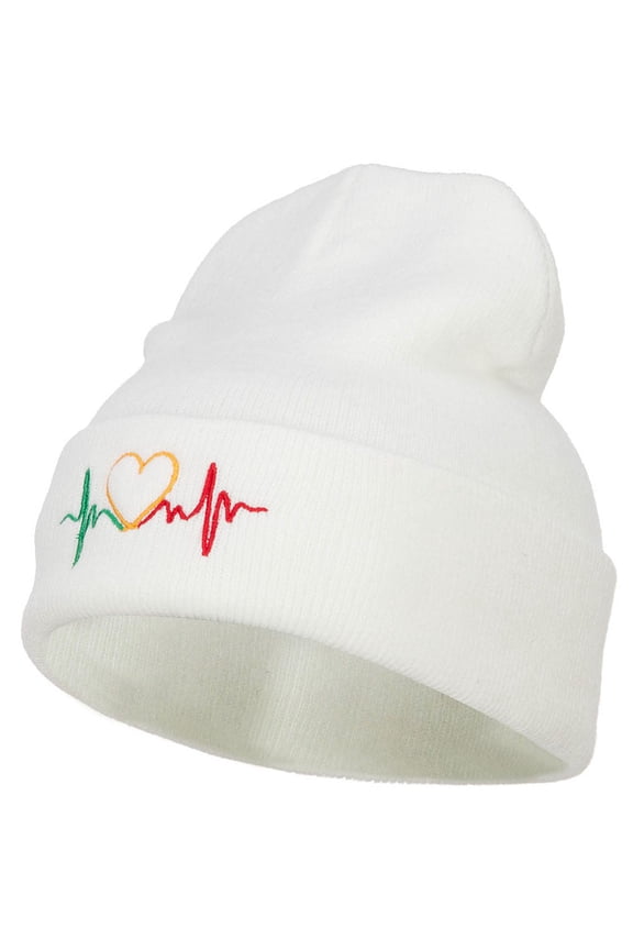 Rasta Heart Beat Embroidered Long Beanie - White OSFM
