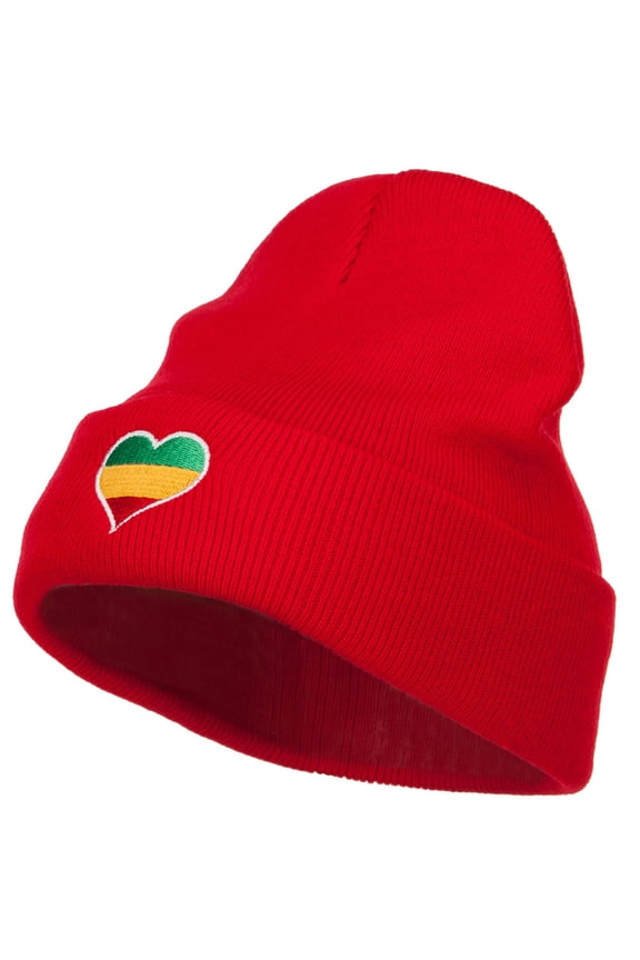Rasta Heart Embroidered Long Beanie - Red OSFM