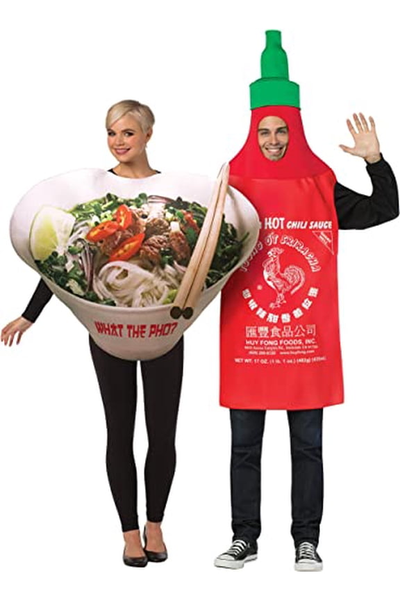 Asian Fusion 1 Sriracha and 1 Pho Noodle Bowl Couple Halloween Costume Set, Unisex Adult One Size, Multicolor