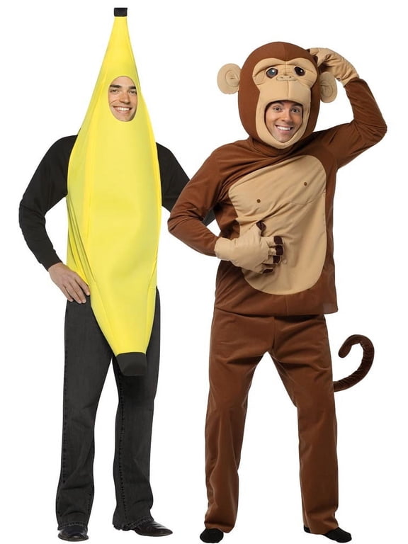 Banana and Monkey Couple Halloween Costume, Unisex, Yellow & Brown, Adult One Size