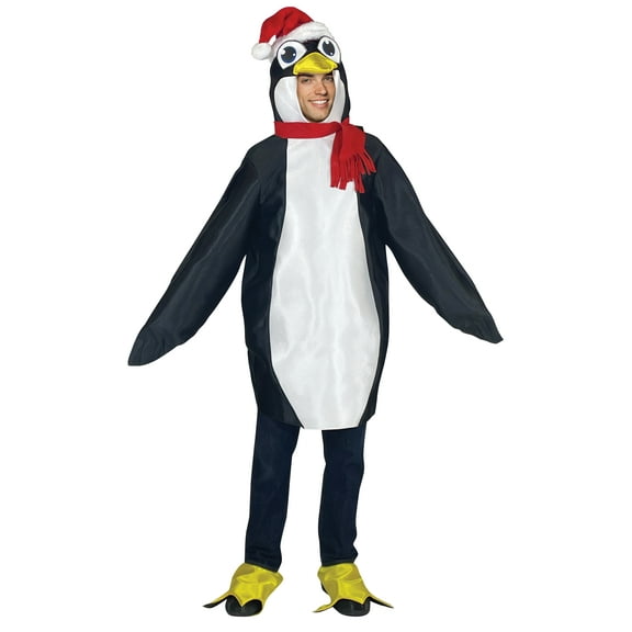 Rasta Imposta Holiday Ultimate Penguin Costume with Attached Scarf & Santa Hat, Adult One Size, Black White Red, 10273