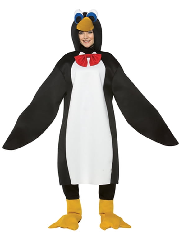 Penguin Halloween Costume, Black and White with Red Bowtie, Adult Unisex Size Fits Most Men and Women