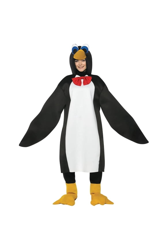 Penguin Halloween Costume, Black and White with Red Bowtie, Adult Unisex Size Fits Most Men and Women
