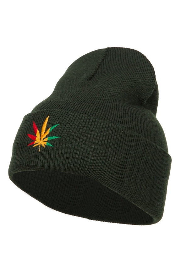 Rasta Leaf Embroidered Long Beanie - Olive OSFM