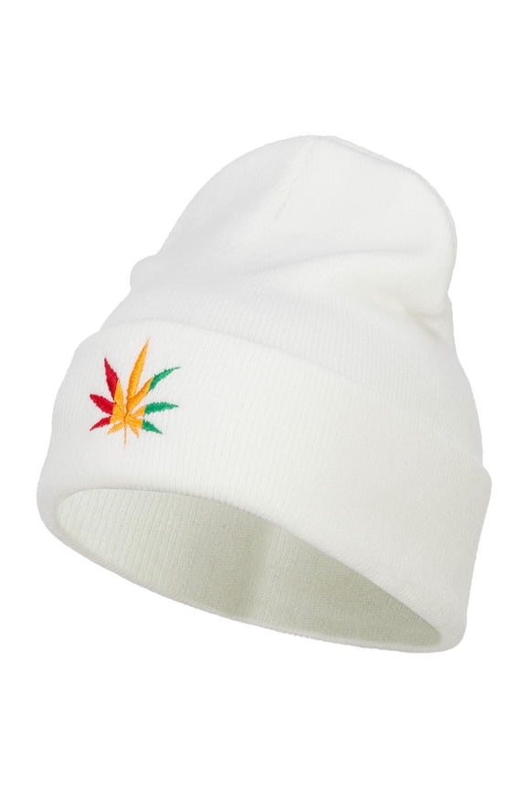 Rasta Leaf Embroidered Long Beanie - White OSFM