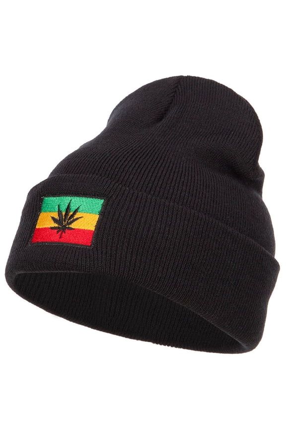 Rasta Leaf Flag Embroidered Long Beanie - Black OSFM
