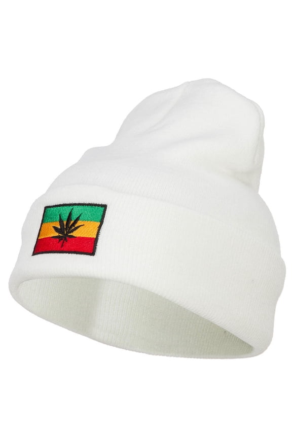 Rasta Leaf Flag Embroidered Long Beanie - White OSFM