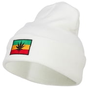 Rasta Leaf Flag Embroidered Long Beanie - White OSFM