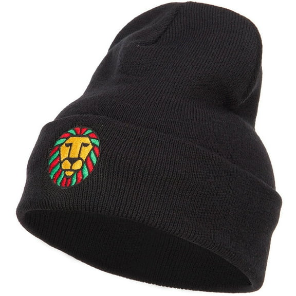 Rasta Lion Face Embroidered Long Beanie - Black OSFM