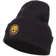 Rasta Lion Face Embroidered Long Beanie - Black OSFM
