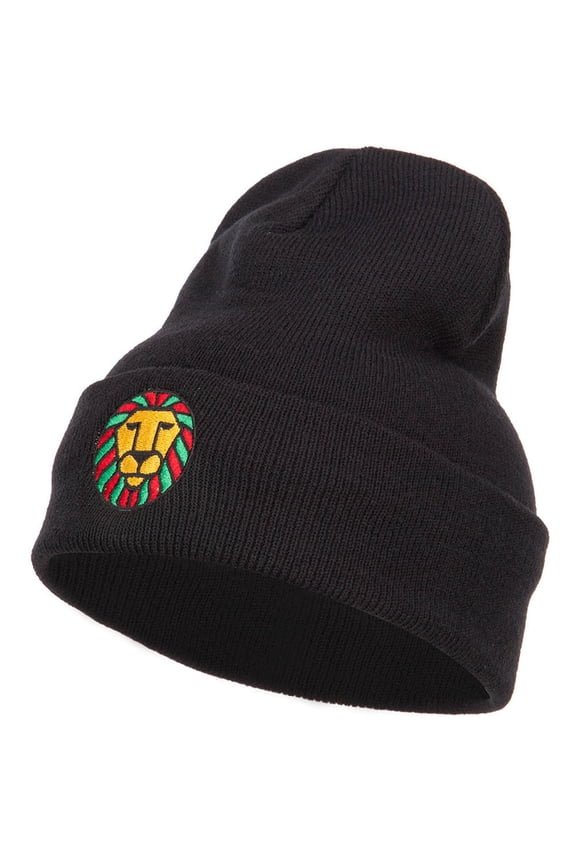 Rasta Lion Face Embroidered Long Beanie - Black OSFM