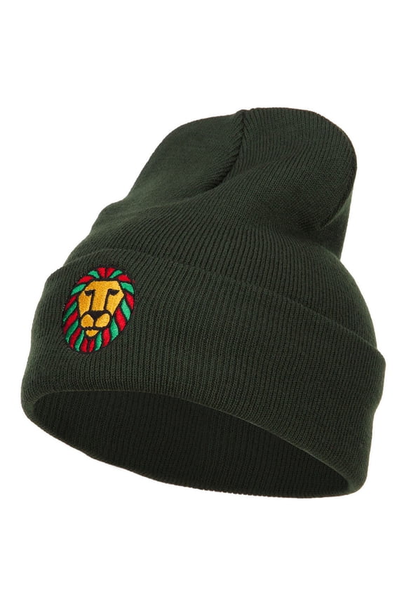 Rasta Lion Face Embroidered Long Beanie - Olive OSFM