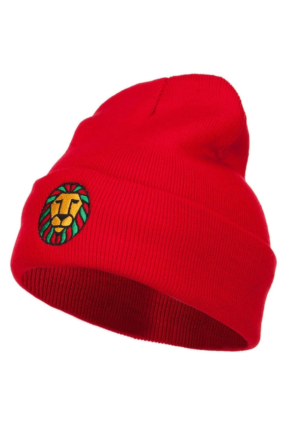 Rasta Lion Face Embroidered Long Beanie - Red OSFM