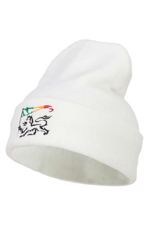 Rasta Lion Flag Embroidered Long Beanie - White OSFM
