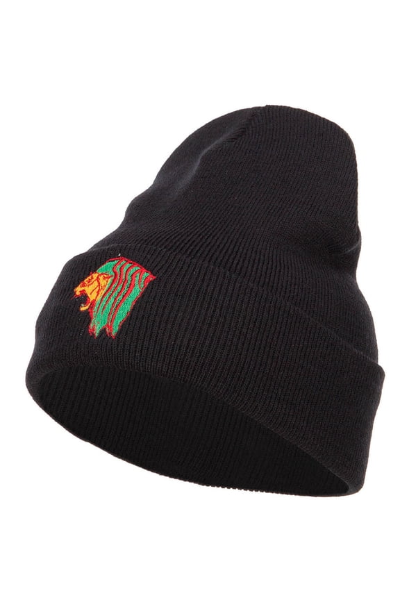 Rasta Lion Head Embroidered Long Beanie - Black OSFM