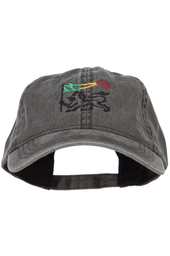 Rasta Lion with Flag Embroidered Washed Cap - Black OSFM