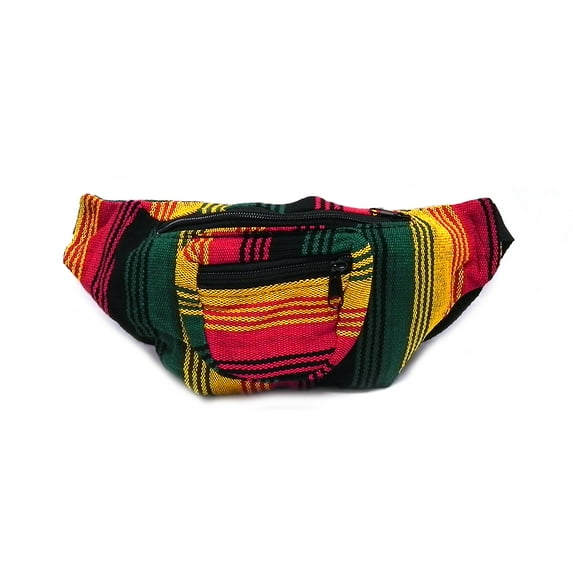 Rasta Multicolored Woven Striped Pattern Lightweight Fanny Pack Waist Bag - Handmade Belt Pouch Boho Travel Accessories