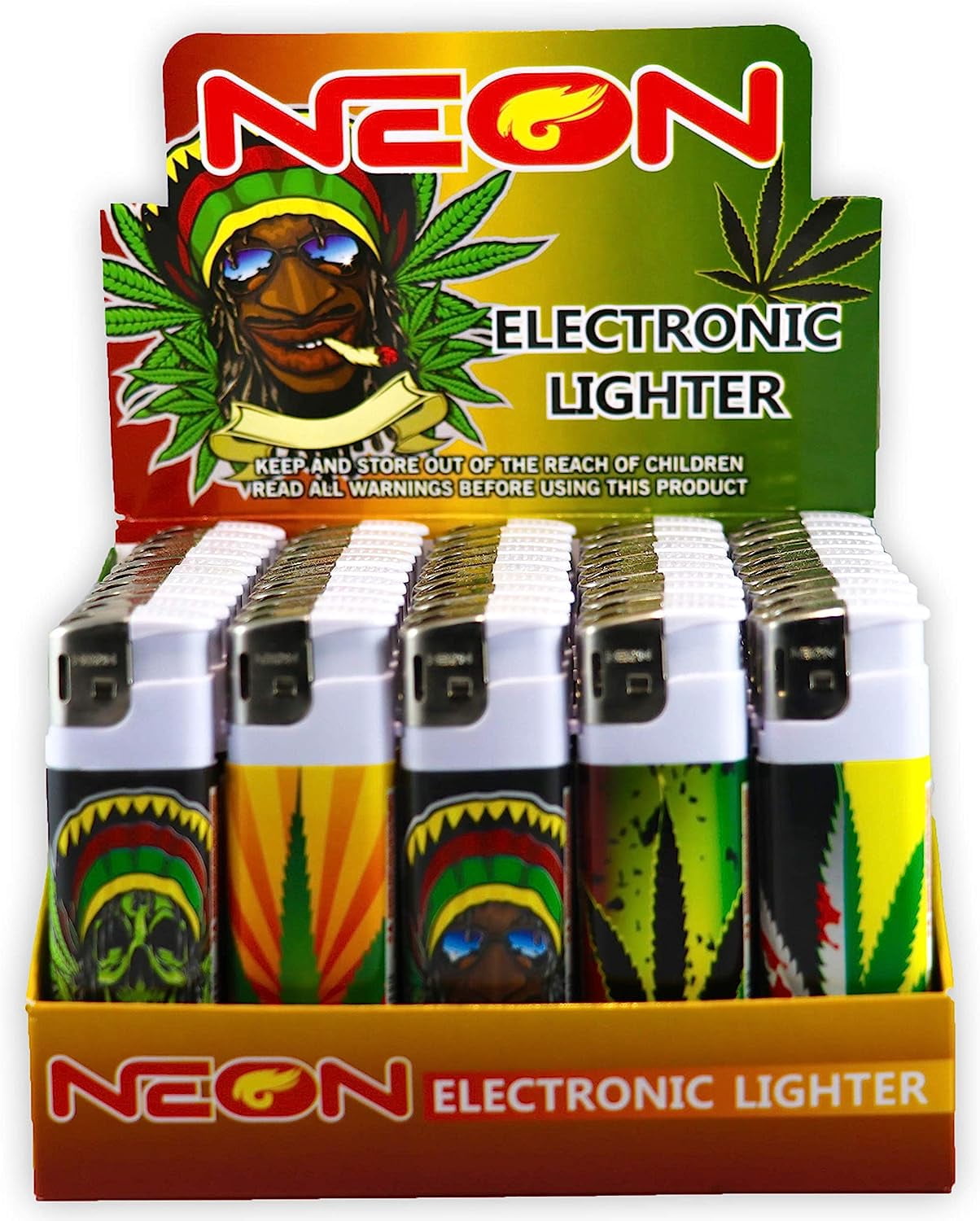 Rasta Neon Electronic Disposable Lighters, Wholesale Pack Lot Assorted Lighter (50)