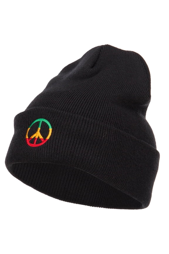 Rasta Peace Symbol Embroidered Long Beanie - Black OSFM