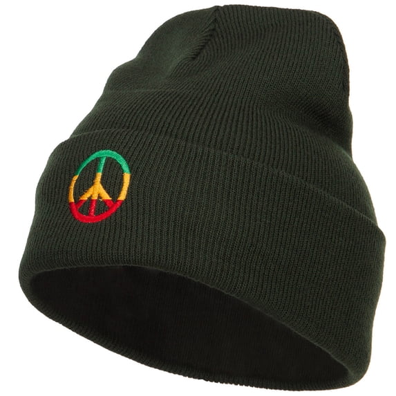 Rasta Peace Symbol Embroidered Long Beanie - Olive OSFM