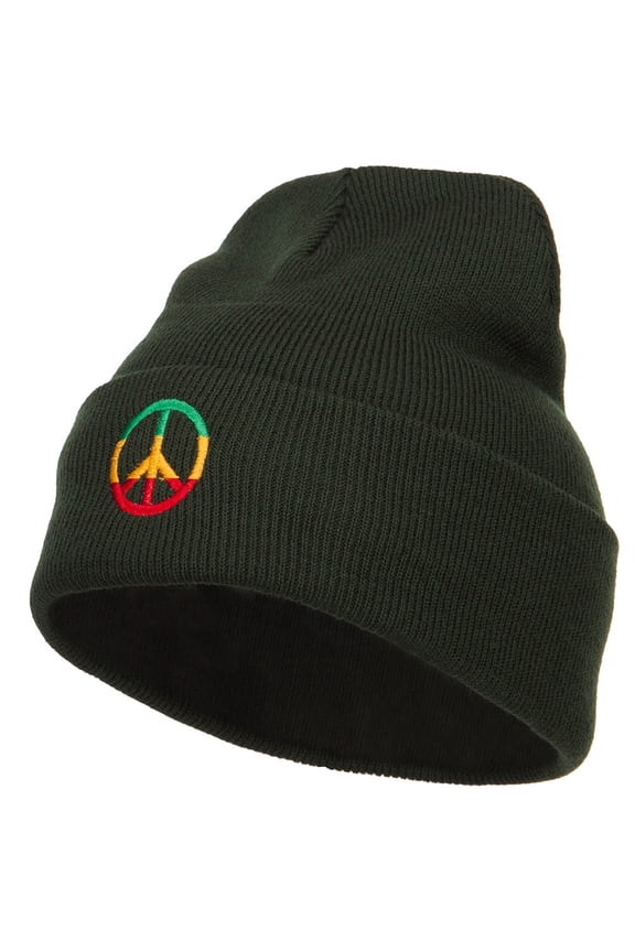 Rasta Peace Symbol Embroidered Long Beanie - Olive OSFM