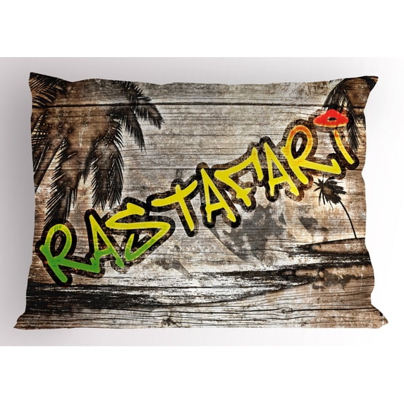 Rasta Pillow Sham Jamaican Reggae Music Icon Inspired Rastafari Street Graffiti Image, Decorative Standard Queen Size Printed Pillowcase, 30 X 20 Inches, Brown Pale Green and Yellow, by Ambesonne