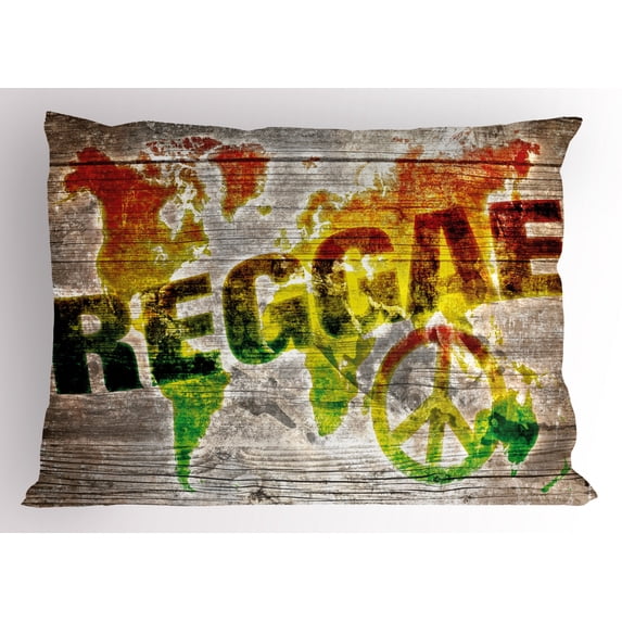 Rasta Pillow Sham World Map on Plaques with Reggae Lettering and Peace Symbol, Decorative Standard Size Printed Pillowcase, 26 X 20 Inches, Pale Brown Green Yellow and Orange, by Ambesonne