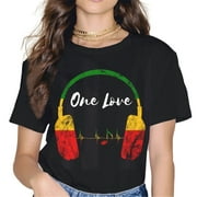 Rasta Reggae Music Headphones Jamaican Pride One Love Women Tops T-Shirt Graphics Shirt Casual Short Sleeve Crew Neck Shirts Gift Tee Black Small