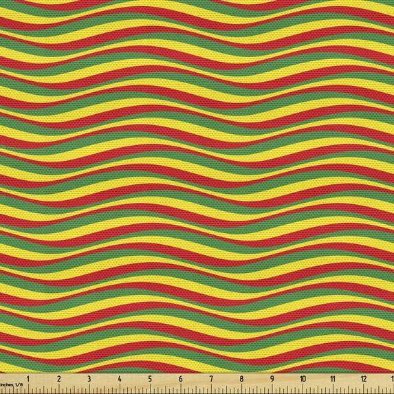 Ambesonne Rasta Fabric by the Yard Upholstery, Ethiopian Wavy Stripes, 2 Yards, Marigold Green and Red
