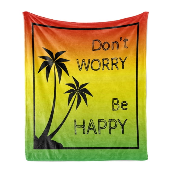Rasta Soft Flannel Fleece Throw Blanket, Dont Worry Be Happy Music Words of Iconic Singer Palms Ombre Colors, Cozy Plush for Indoor and Outdoor Use, 60" x 80", Lime Green Yellow Black, by Ambesonne