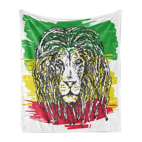 Rasta Soft Flannel Fleece Throw Blanket, Ethiopian Culture Hair Style Lion Head Portrait Grunge Backdrop, Cozy Plush for Indoor and Outdoor Use, 60" x 80", Green Yellow and Red, by Ambesonne