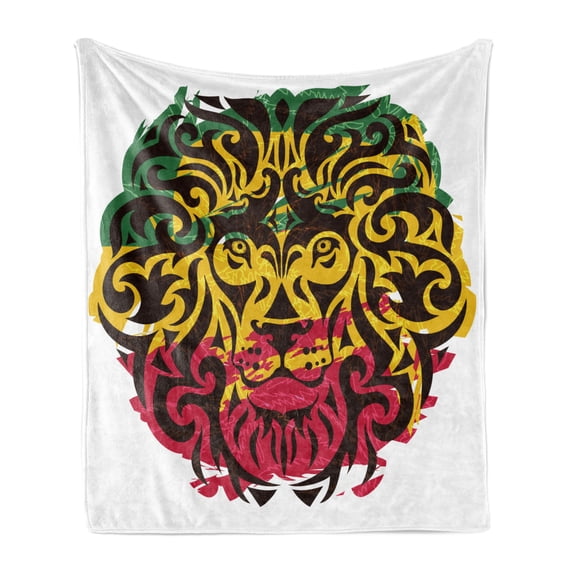 Rasta Soft Flannel Fleece Throw Blanket, Ethiopian Culture Wild Lion Head Grunge Style Flag Colors, Cozy Plush for Indoor and Outdoor Use, 50" x 70", Marigold Brown, by Ambesonne