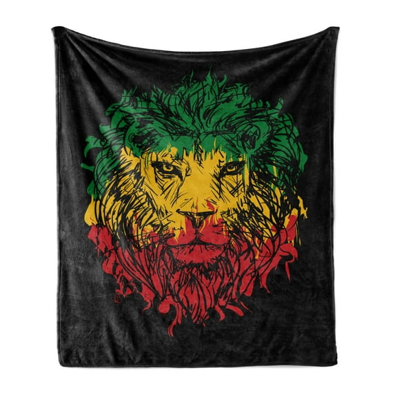 Rasta Soft Flannel Fleece Throw Blanket, Ethiopian Flag Colors on Grunge Sketchy Lion Head Black Backdrop, Cozy Plush for Indoor and Outdoor Use, 60" x 80", Pale Green and Yellow, by Ambesonne
