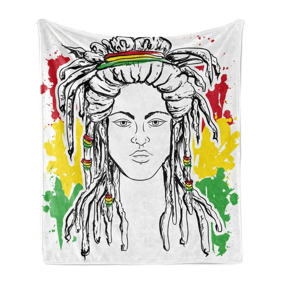 Rasta Soft Flannel Fleece Throw Blanket, Grunge Ethiopian Flag Colors with a Black and White Sketchy Girl Image, Cozy Plush for Indoor and Outdoor Use, 50" x 60", Red Marigold and Green, by Ambesonne