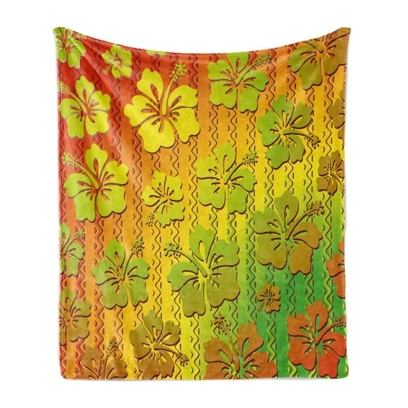 Rasta Soft Flannel Fleece Throw Blanket, Hibiscus Exotic Jamaican Island Flower with Zig Zag Lines Print, Cozy Plush for Indoor and Outdoor Use, 50" x 60", Pale Green Marigold, by Ambesonne