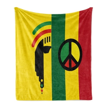 Rasta Soft Flannel Fleece Throw Blanket, Iconic Barret Reggae and Jamaican Music Culture Peace Borders Theme, Cozy Plush for Indoor and Outdoor Use, 50" x 60", Red Green Yellow, by Ambesonne