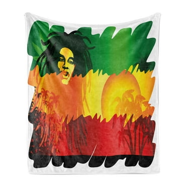 Rasta Soft Flannel Fleece Throw Blanket, Iconic Reggae Music Singer Abstract Design Sun and Palm Trees, Cozy Plush for Indoor and Outdoor Use, 60" x 80", Orange Yellow, by Ambesonne